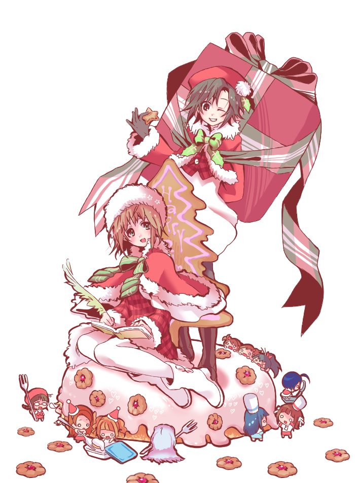 amami_haruka, bag, black_hair, boots, brown_hair, chibi, christmas, fork, fur_trim, futami_ami, futami_mami, ganaha_hibiki, gift, hagiwara_yukiho, hat, hoshii_miki, idolmaster, kikuchi_makoto, kisaragi_chihaya, minase_iori, miura_azusa, multiple_girls, o_o, oversized_object, pantyhose, pastry, santa_costume, shijou_takane, short_hair, sitting, takatsuki_yayoi, todorofu, white_legwear, wink, yokozuwari