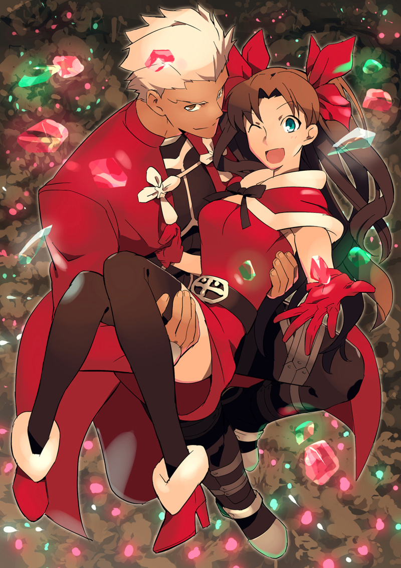 1girl, archer, black_legwear, blue_eyes, brown_hair, capelet, carrying, christmas