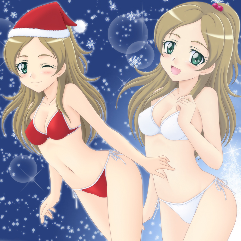 bikini, blush, brown_hair, christmas, green_eyes, half_updo, hat, long_hair, minamino_kanade, miracle!, multiple_girls, multiple_persona, navel, open_mouth, precure, santa_hat, side-tie_bikini, smile, snow, suite_precure, swimsuit, wink, zoom_layer