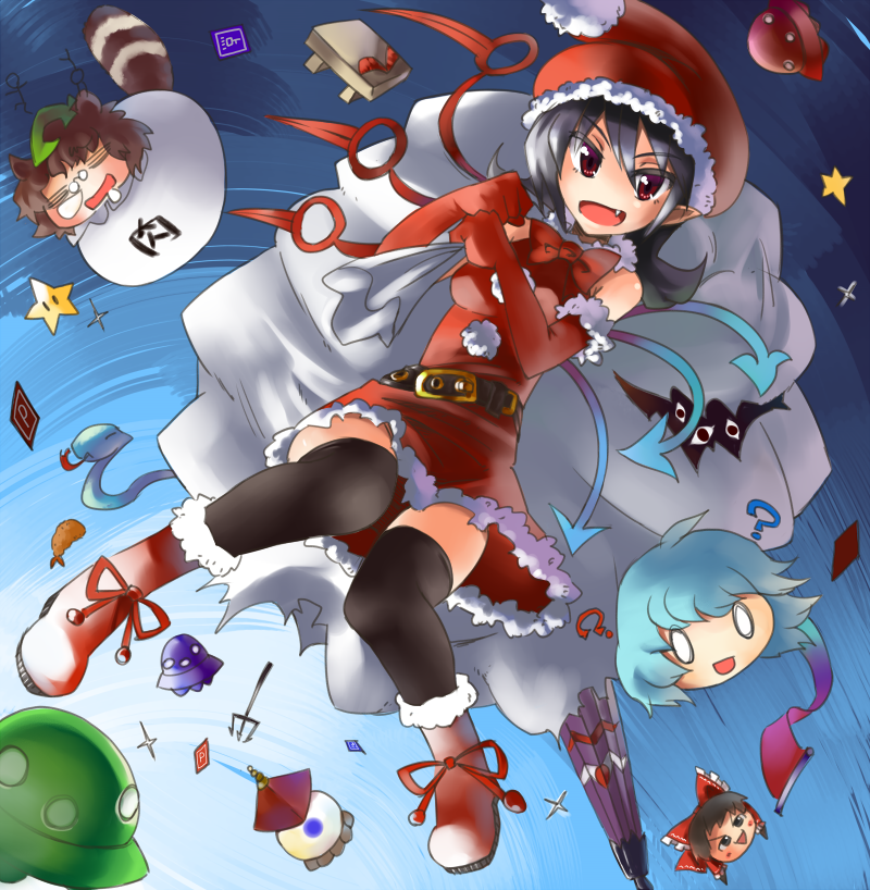 ?, abe_ranzu, alternate_costume, asymmetrical_wings, belt, black_hair, black_legwear, blue_hair