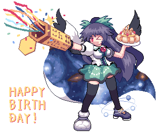 birthday, confetti, happy_birthday, kyako_youkan, lowres, mismatched_footwear, pixel_art, reiuji_utsuho