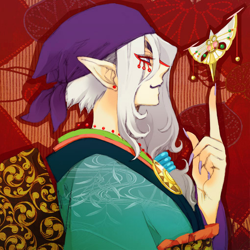 earrings, facial_mark, fingernails, grey_hair, headband, japanese_clothes, jewelry, kumoya_yukio, kusuriuri_(mononoke), long_fingernails, long_hair, male, mask, mononoke, nail, nail_polish, pointy_ears, profile, purple_eyes, purple_nails, solo