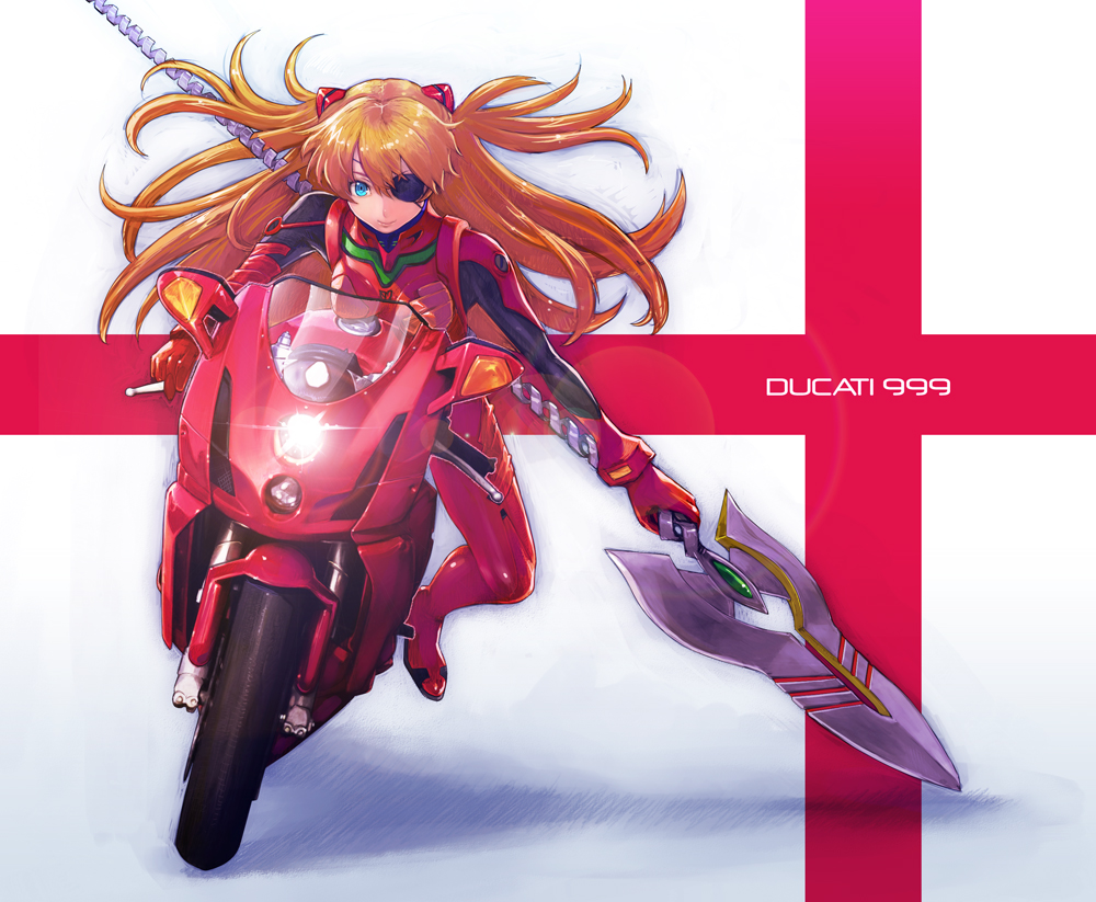 aqua_eyes, bodysuit, boyaking, ducati, ducati_999, evangelion:_3.0_you_can_(not)_redo, eyepatch, hair_ornament