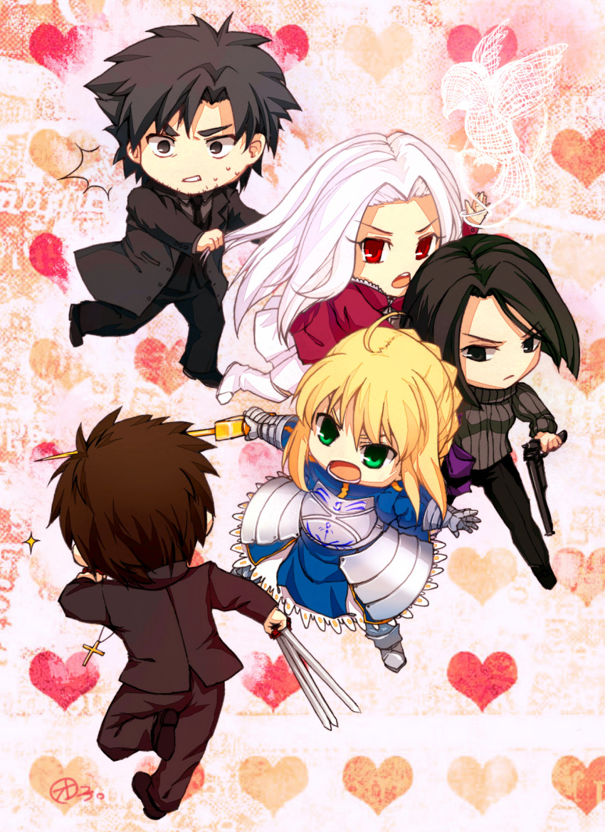 2boys, 3boys, 3girls, armor, bird, black_hair, black_keys, blonde_hair