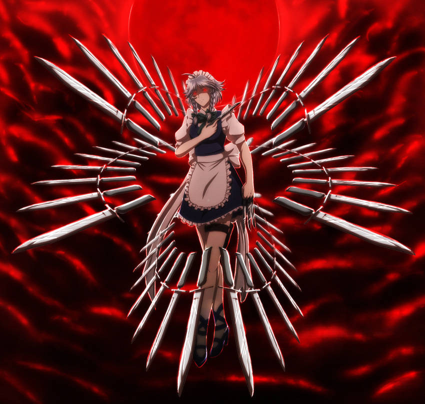 ahoge, apron, between_fingers, braid, forsaken-arts, full_moon, glowing, glowing_eyes