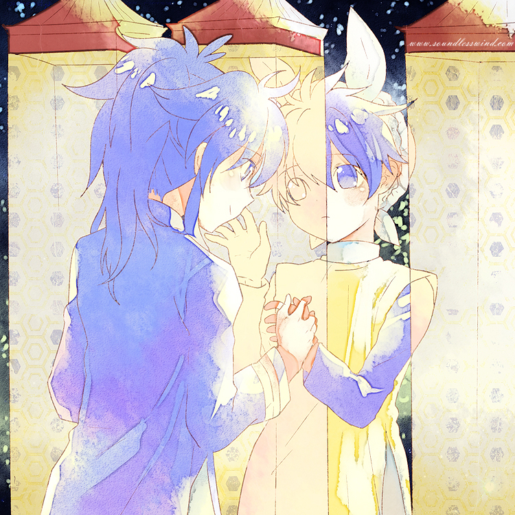 hand_holding, holding_hands, houshin_engi, kaze-hime, long_hair, short_hair, taikoubou, watermark