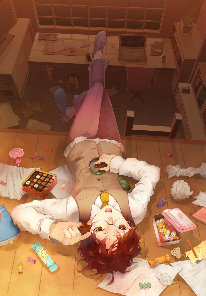 androgynous, book, box, brown_eyes, brown_hair, candy, candy_bar, chocolate