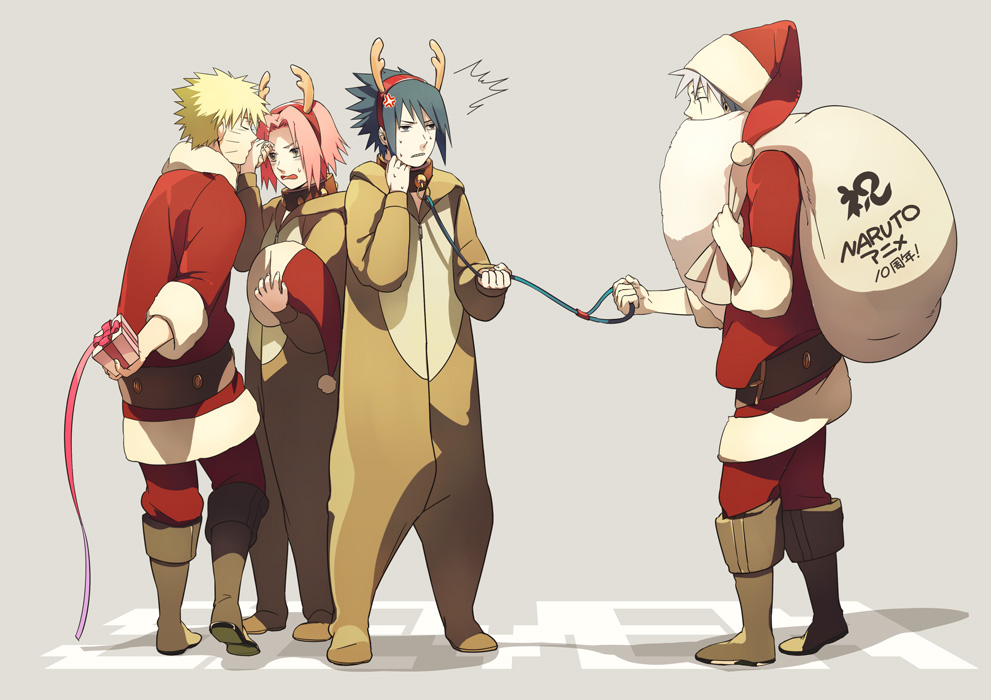 1girl, 3boys, anger_vein, angry, animal_costume, antlers, beard, black_hair