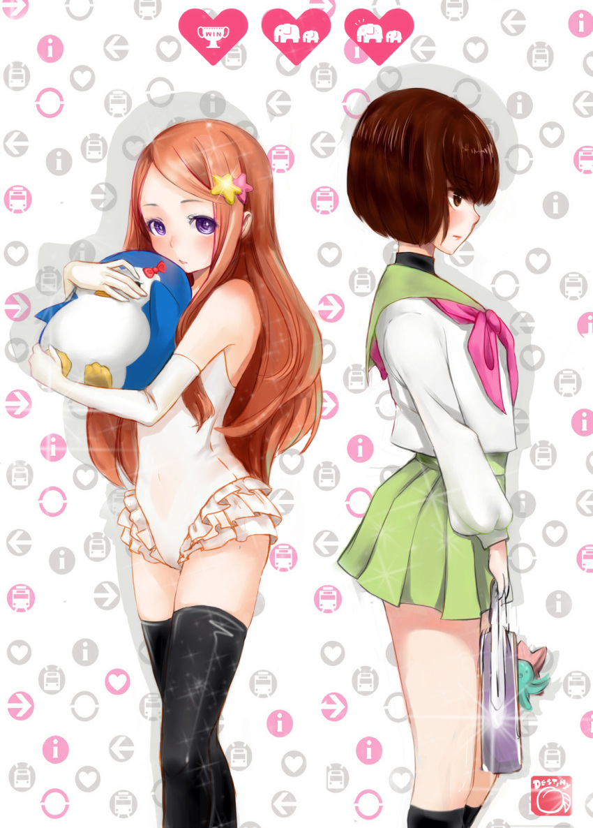 brown_hair, elbow_gloves, gloves, highres, letta, long_hair, mawaru_penguindrum, multiple_girls