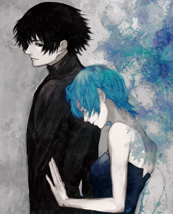 1girl, bare_shoulders, black_eyes, black_hair, blue_eyes, blue_hair, couple, dress, raven_(zoids), ryss, short_hair, yaku_(ziroken), zoids, zoids_chaotic_century