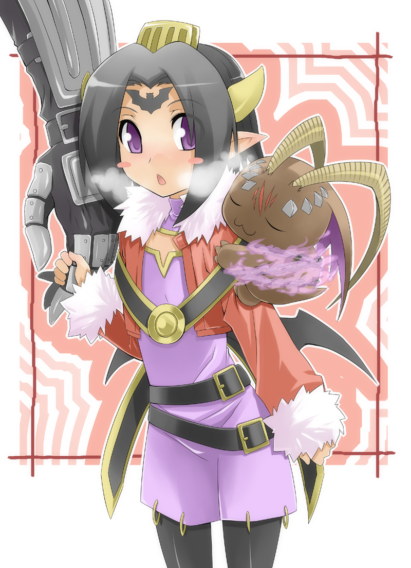 1girl, beelzebumon, belphemon, belt, black_hair, black_legwear, blush_stickers, breath, chicago-x, demon_girl, digimon, facial_mark, female, forehead_mark, fur_coat, hair_ornament, hand_holding, holding_hands, horns, lilithmon, monster, pantyhose, pointy_ears, purple_eyes, violet_eyes, wings, young