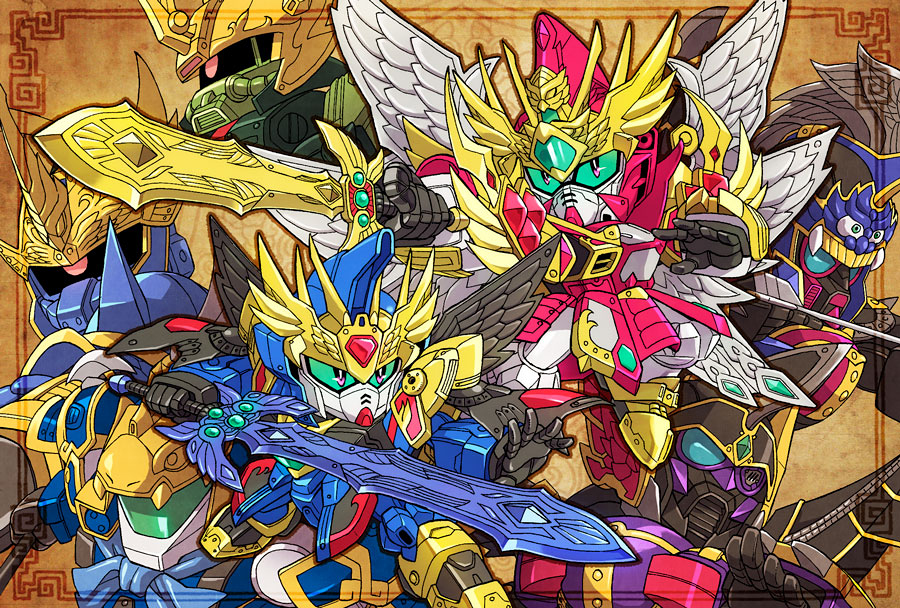 border, choukou_zaku_iii, chouryou_gelgoog, cousins, eyepatch, father_and_son, gundam, helmet