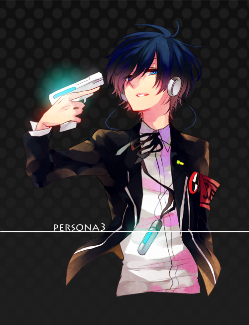 arisato_minato, armband, blue_eyes, blue_hair, digital_media_player, evoker, gun, gun_to_head, headphones, kuro_no_haijin, male, persona, persona_3, school_uniform, solo, weapon