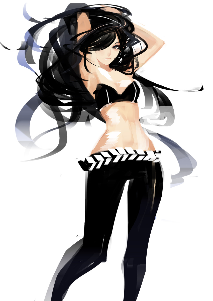absurdres, armpits, arms_behind_head, arms_up, bare_shoulders, belt, black_eyes, black_hair, breasts, cleavage, copyright_request, highres, long_hair, midriff, panties, pants, pump_(artist), simple_background, sketch, smirk, solo, tubetop, underwear, white_panties
