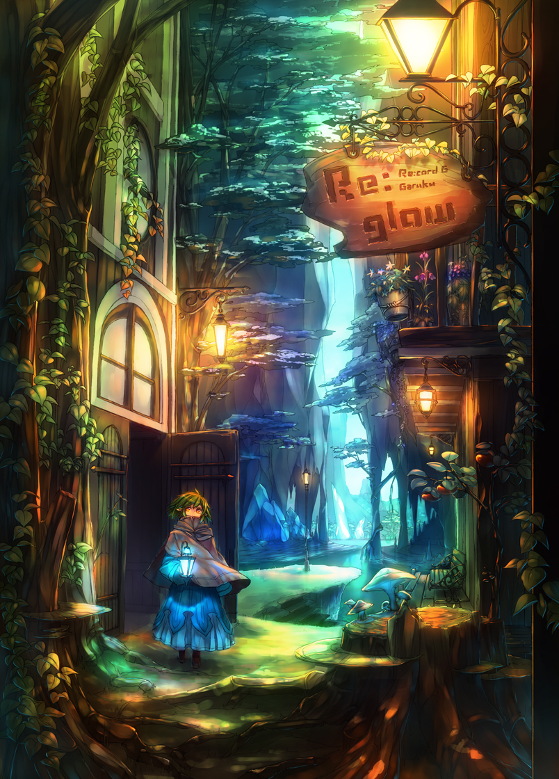 artist_name, bench, blonde_hair, building, cape, carrying, colorful, door