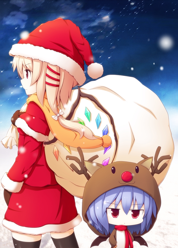 animal_costume, bat_wings, beni_shake, blonde_hair, blue_hair, chibi, crimson_shake, flandre_scarlet, hat, multiple_girls, red_eyes, reindeer_costume, remilia_scarlet, sack, santa_costume, santa_hat, siblings, side_ponytail, sisters, snowing, thigh-highs, thighhighs, touhou, wings