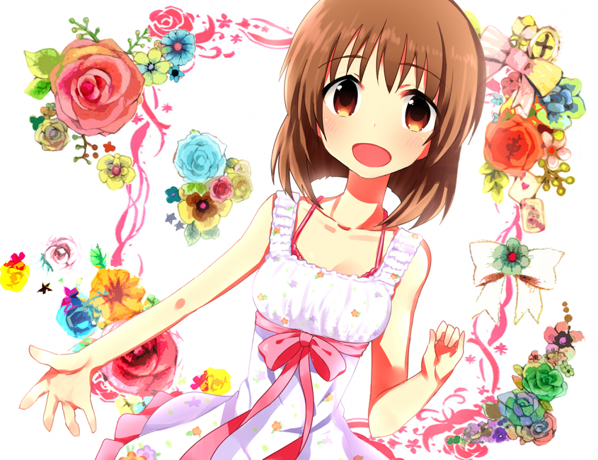 bow, brown_eyes, brown_hair, collarbone, dress, flower, hagiwara_yukiho, idolmaster, juuroku_anna, looking_at_viewer, open_mouth, outstretched_arm, short_hair, simple_background, sleeveless, solo, white_background, white_dress