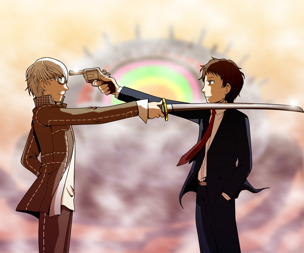 adachi_tooru, ameno_sagiri, at_gunpoint, brown_hair, formal, glasses, grey_hair, gun