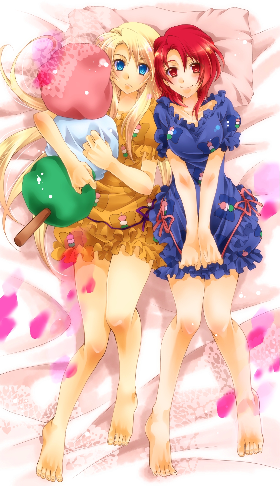 bangs, barefoot, bed, blonde_hair, blue_eyes, blurry, blush, bow