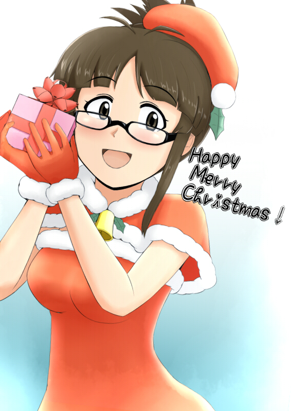akizuki_ritsuko, antenna_hair, bell, breasts, brown_eyes, brown_hair, capelet, dress