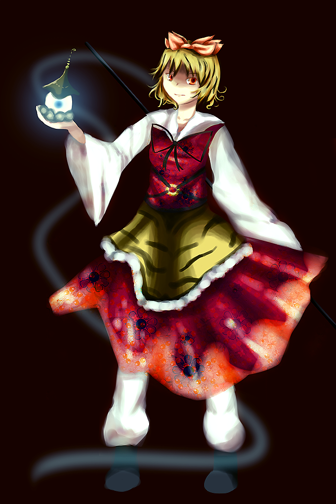 blonde_hair, juriesute, lantern, red_dress, red_eyes, simple_background, tiger_print, toramaru_shou