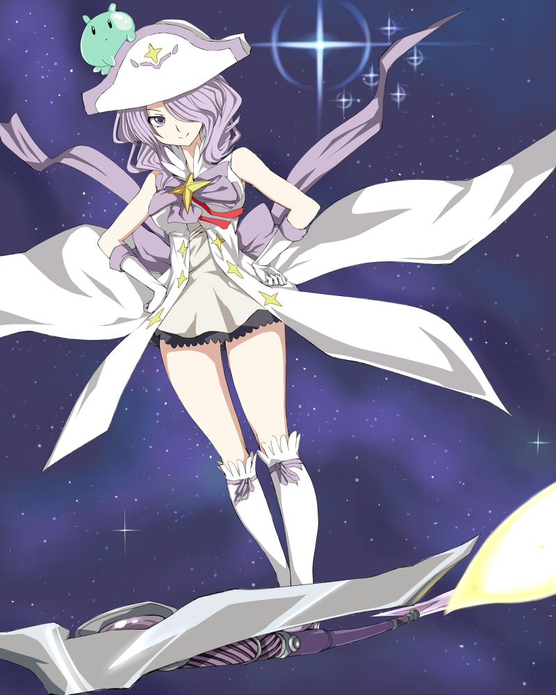 bare_shoulders, constellation, enu_(n_storage), footwear, gloves, hair_over_one_eye, hands_on_hips, hat, houkago_no_pleiades, nanako_(houkago_no_pleiades), pleiadean, purple_eyes, purple_hair, skirt, smile, socks, star, violet_eyes