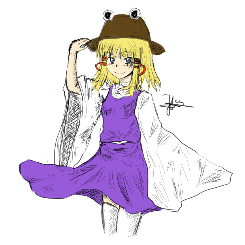 blonde_hair, blue_eyes, hat, juriesute, long_sleeves, moriya_suwako, skirt, smile