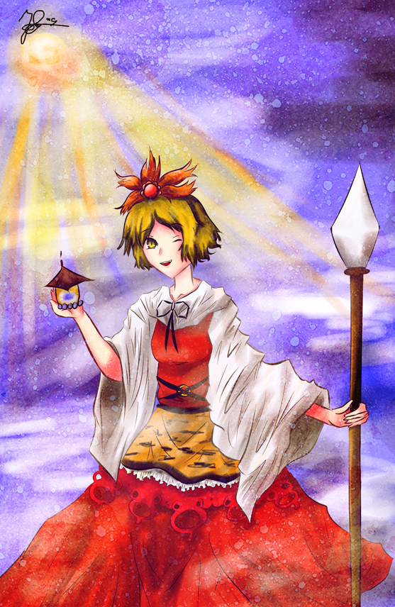 blonde_hair, juriesute, lantern, spear, toramaru_shou, touhou, weapon, wink