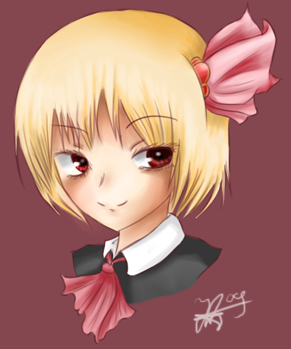 blonde_hair, juriesute, red_eyes, red_ribbon, rumia, simple_background, smile, touhou