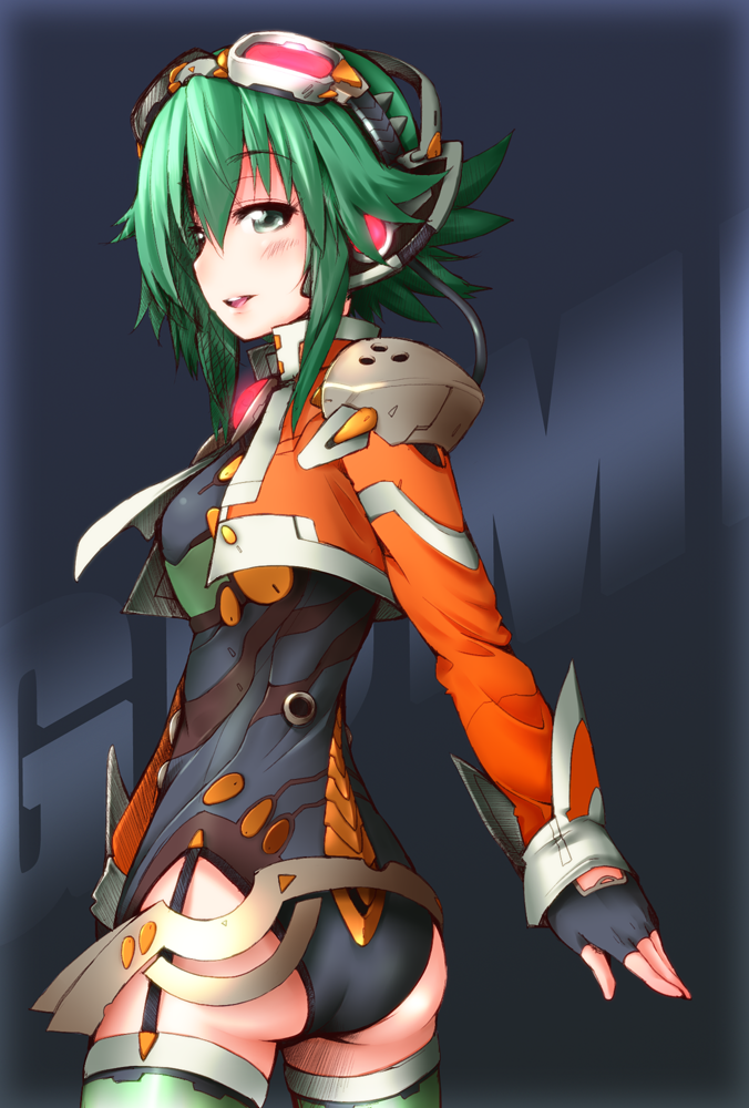 bodysuit, fingerless_gloves, gloves, goggles, goggles_on_head, green_eyes, green_hair, gumi