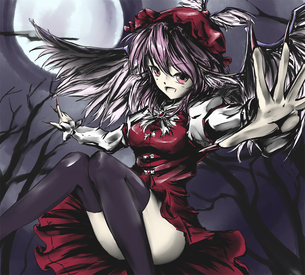 black_legwear, f_kz, full_moon, moon, mystia_lorelei, night, niht, open_hands, outstretched_arms, solo, thighhighs, touhou, wings