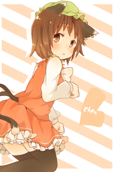 animal_ears, blush, brown_eyes, brown_hair, cat_ears, cat_tail, chen, dress
