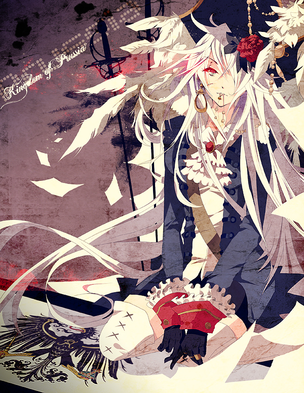 axis_powers_hetalia, bird, boots, eagle, flag, flower, genderswap, gloves, hair_over_one_eye, hat, long_hair, loyalists, military, military_uniform, mouth_hold, prussia_(hetalia), red_eyes, rose, solo, sword, uniform, weapon, white_hair