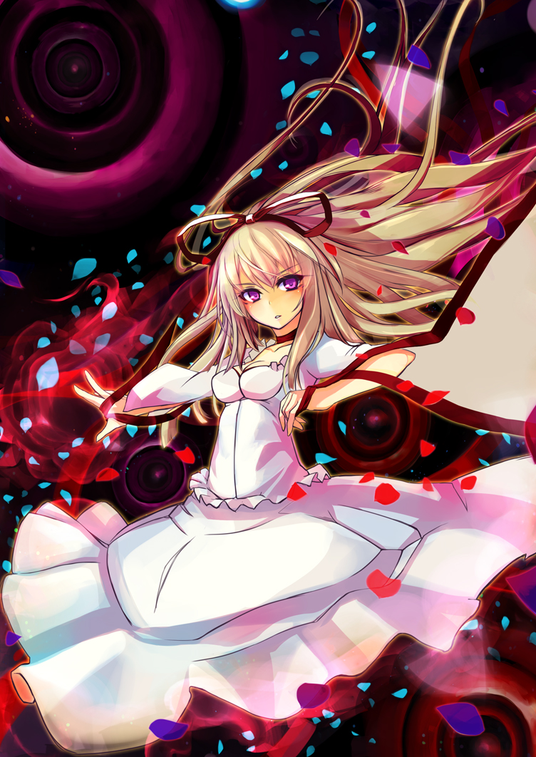 blonde_hair, blong_hair, bow, dress, hair_ribbon, long_hair, purple_eyes, solo, touhou, violet_eyes, virus_(obsession), white_dress, yakumo_yukari