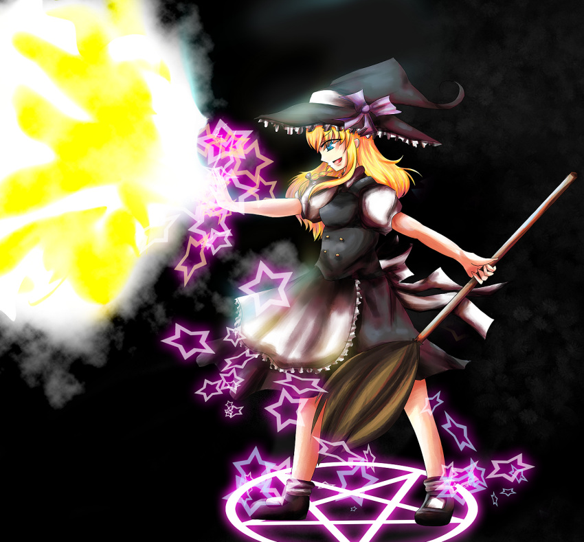 black_dress, blonde_hair, blue_eyes, broom, juriesute, kirisame_marisa, magic_circle, master_spark