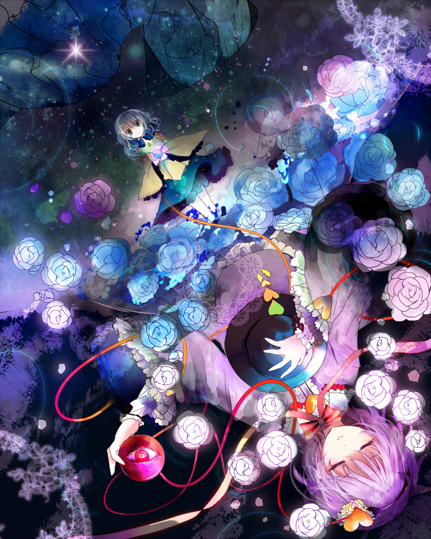 blue_rose, closed_eyes, eyes_closed, flower, green_eyes, hairband, hat, hat_hold