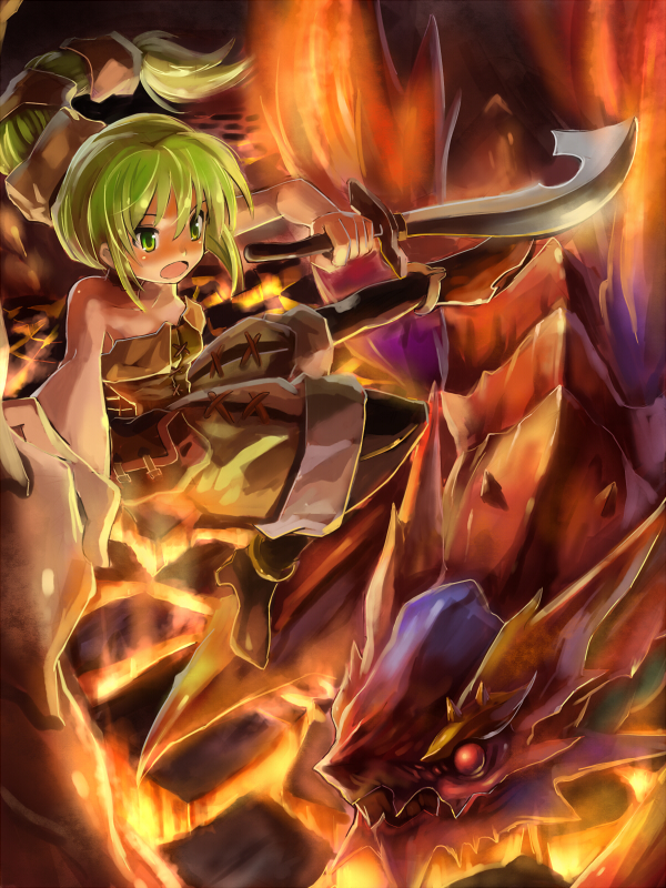 :o, bare_shoulders, battle, black_legwear, dragon, edobox, foreshortening, ginny_knights