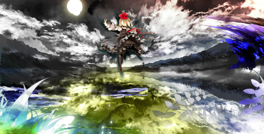 blonde_hair, cloud, flying, from_behind, full_moon, kneehighs, moon, night