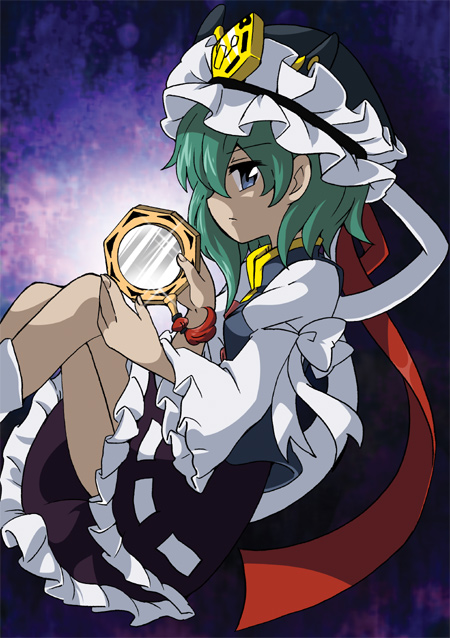 bad_id, blue_eyes, cleansed_crystal_mirror, eromame, green_hair, hand_mirror, hat, hat_ribbon