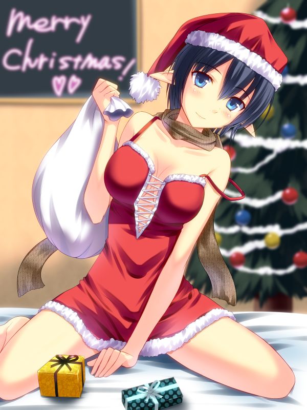 bare_legs, bare_shoulders, black_hair, blue_eyes, breasts, christmas, christmas_tree, cleavage