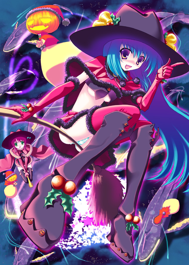 blush, broom, christmas, halloween, hat, jack-o'-lantern, jack-o'-lantern, kokonobi, long_hair, multiple_girls, rayforce, riding, thigh-highs, thighhighs, witch, witch_hat