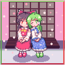 bow, hair_bow, hakurei_reimu, japanese_clothes, kochiya_sanae, kyako_youkan, long_skirt, lowres