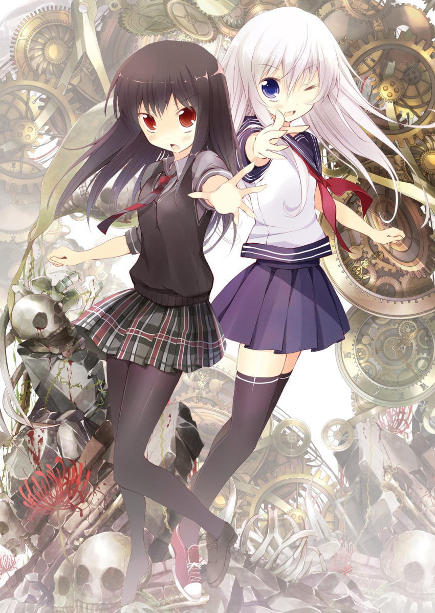 black_hair, blush, highres, hoshikuzu, long_hair, multiple_girls, original, pantyhose, school_uniform, skull, thigh-highs, thighhighs, white_hair, wink, zettai_ryouiki