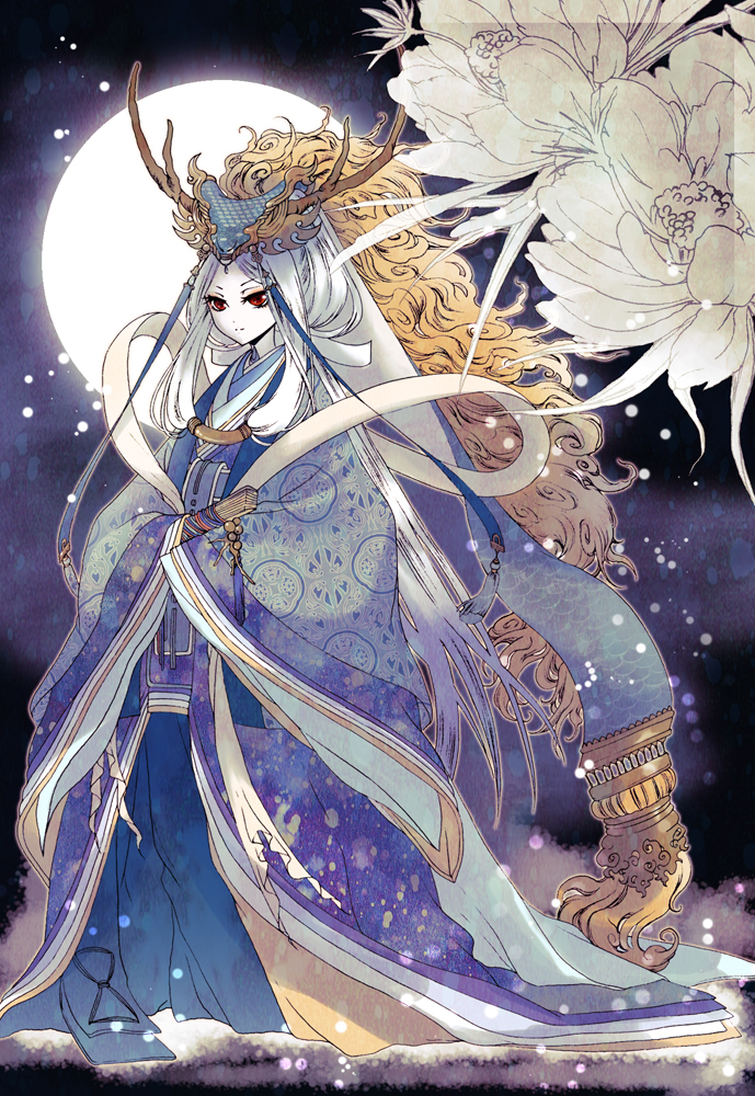 anchu-hiyaku, antlers, chinese_clothes, dragon, dragon_hat, flower, full_moon, hanfu, headdress, horns, japanese_clothes, kimono, long_hair, moon, original, red_eyes, silver_hair, solo, star, tree, white_hair
