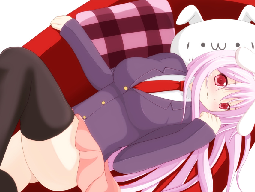 1girl, animal_ears, aoba_senkiri, black_legwear, blazer, bunny_ears, long_hair, lying