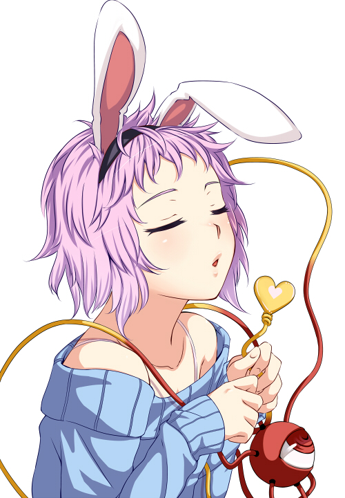 alternate_costume, animal_ears, bare_shoulders, bra_strap, bunny_ears, bust, closed_eyes, eyeball, eyes_closed, hairband, incoming_gift, kemonomimi_mode, komeiji_satori, lips, pink_hair, short_hair, simple_background, solo, sweater, third_eye, touhou, white-aster, white_background