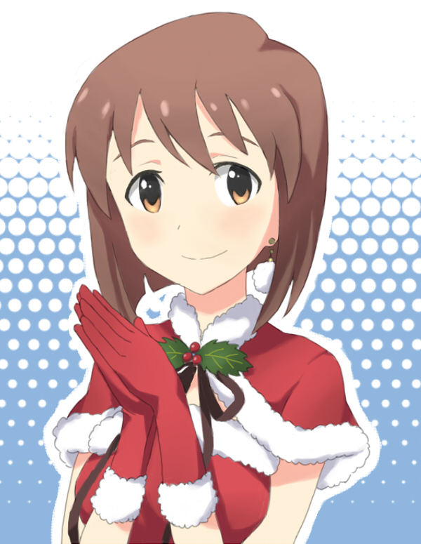 brown_eyes, brown_hair, earrings, gloves, hagiwara_yukiho, idolmaster, jewelry, mistletoe