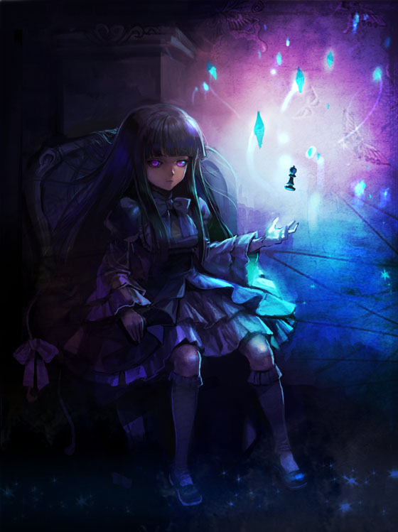 agasang, blue_hair, cat_tail, chess_piece, frederica_bernkastel, glowing, glowing_eyes, kakera