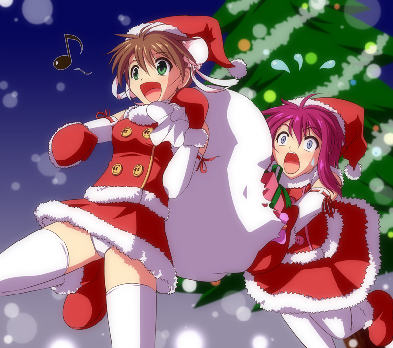 2gils, bag, blue_eyes, blush, boots, bun_cover, christmas, christmas_tree, digdug006, double_bun, green_eyes, harumi_minawa, hat, kanamori_reiko, mittens, multiple_girls, open_mouth, panties, pantyhose, sack, santa_costume, santa_hat, short_hair, skirt, smile, snow, thigh-highs, thighhighs, underwear, white_legwear, white_panties, wrestle_angels