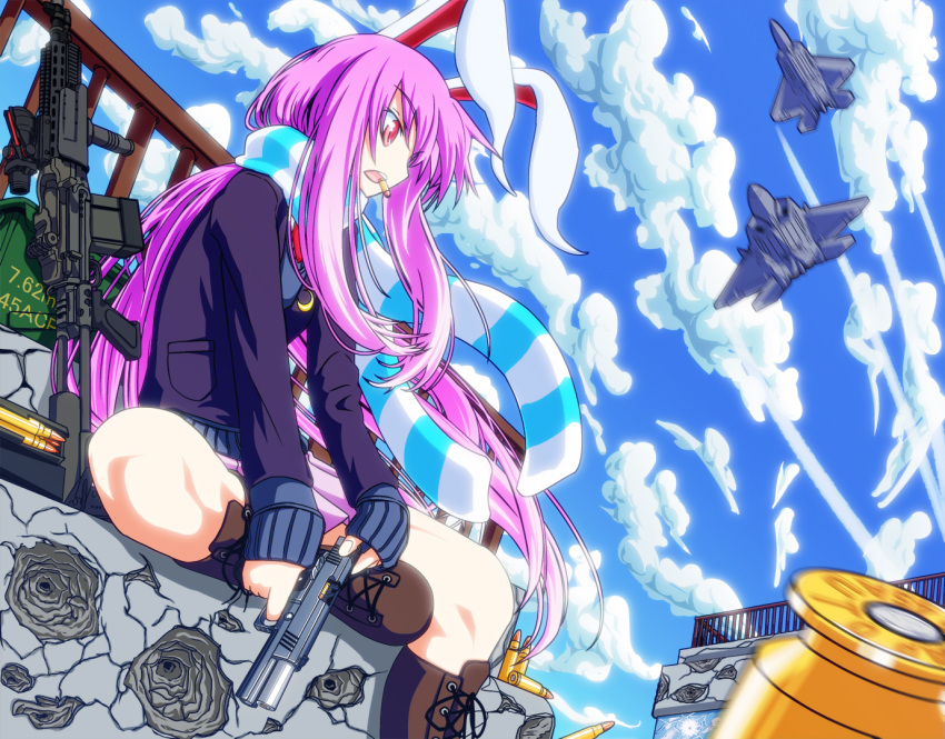 adapted_costume, airplane, ammunition, animal_ears, assault_rifle, blue_sky, boots, bullet